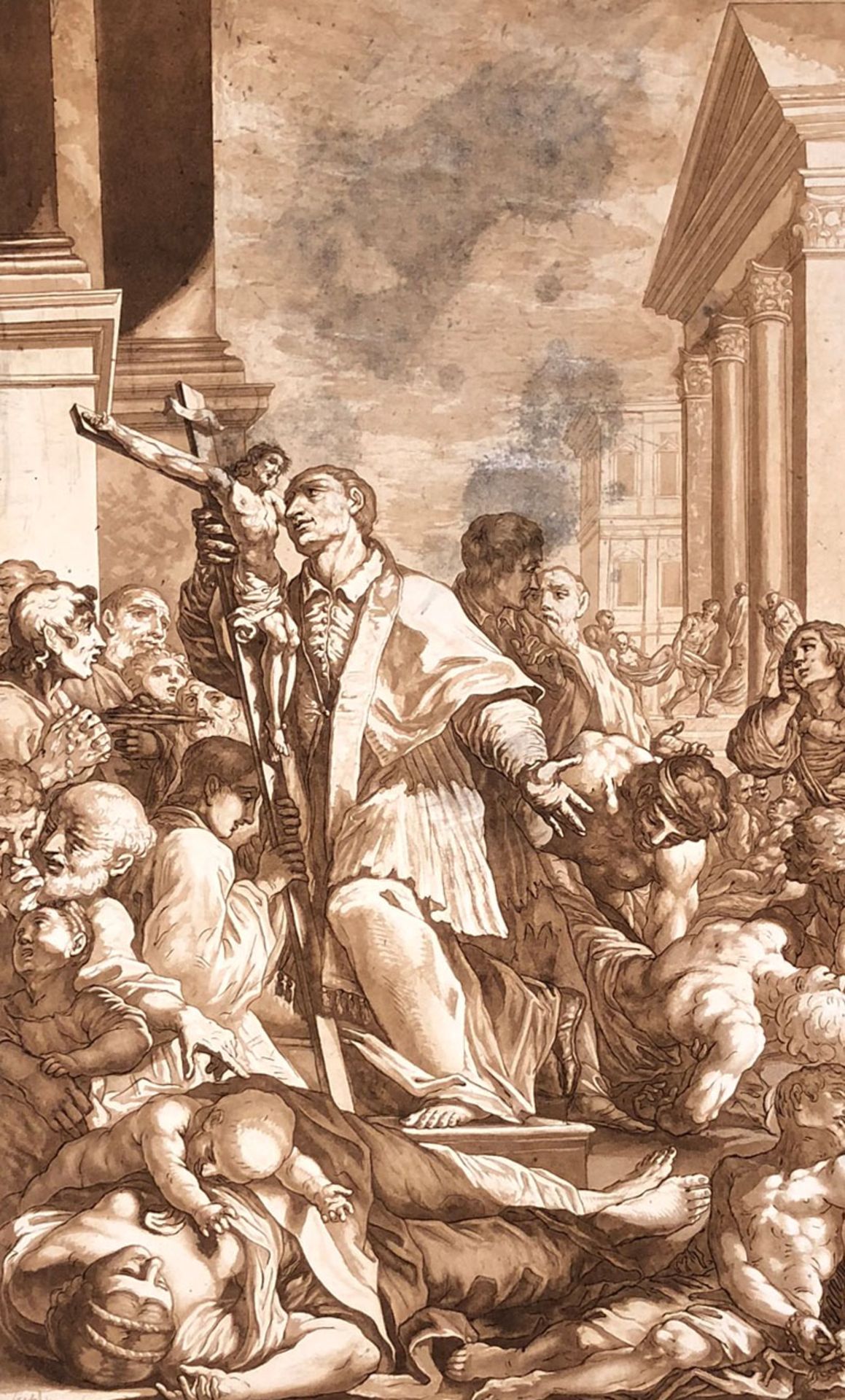 Johann Gottlieb PRESTEL (1739 - 1808). Heiliger findet im Chaos Halt durch das Kreuz.46 cm x 29