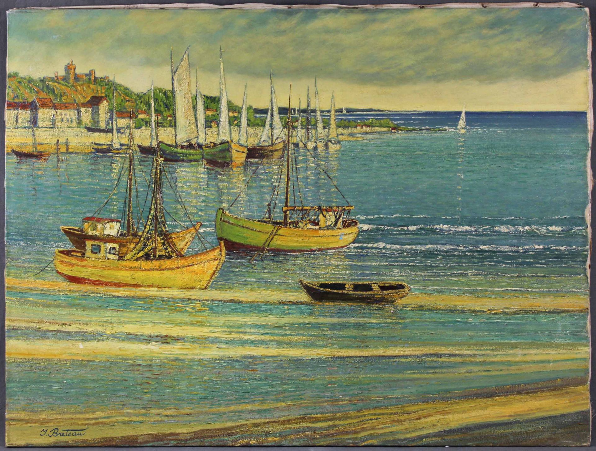 J. BRETEAU (XX). Port in Normandy, France. Atlantic.62 cm x 81 cm. Signed lower left. Verso