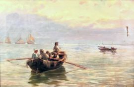 Julius DIELMANN (1862 - 1931). Fishers 1919.49 cm x 73 cm. Painting. Oil on canvas. Signed and dated