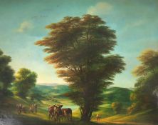 MONOGRAMIST (XIX). Arcadian landscape with cows.30 cm x 40.5 cm. Painting. Oil on wood.
