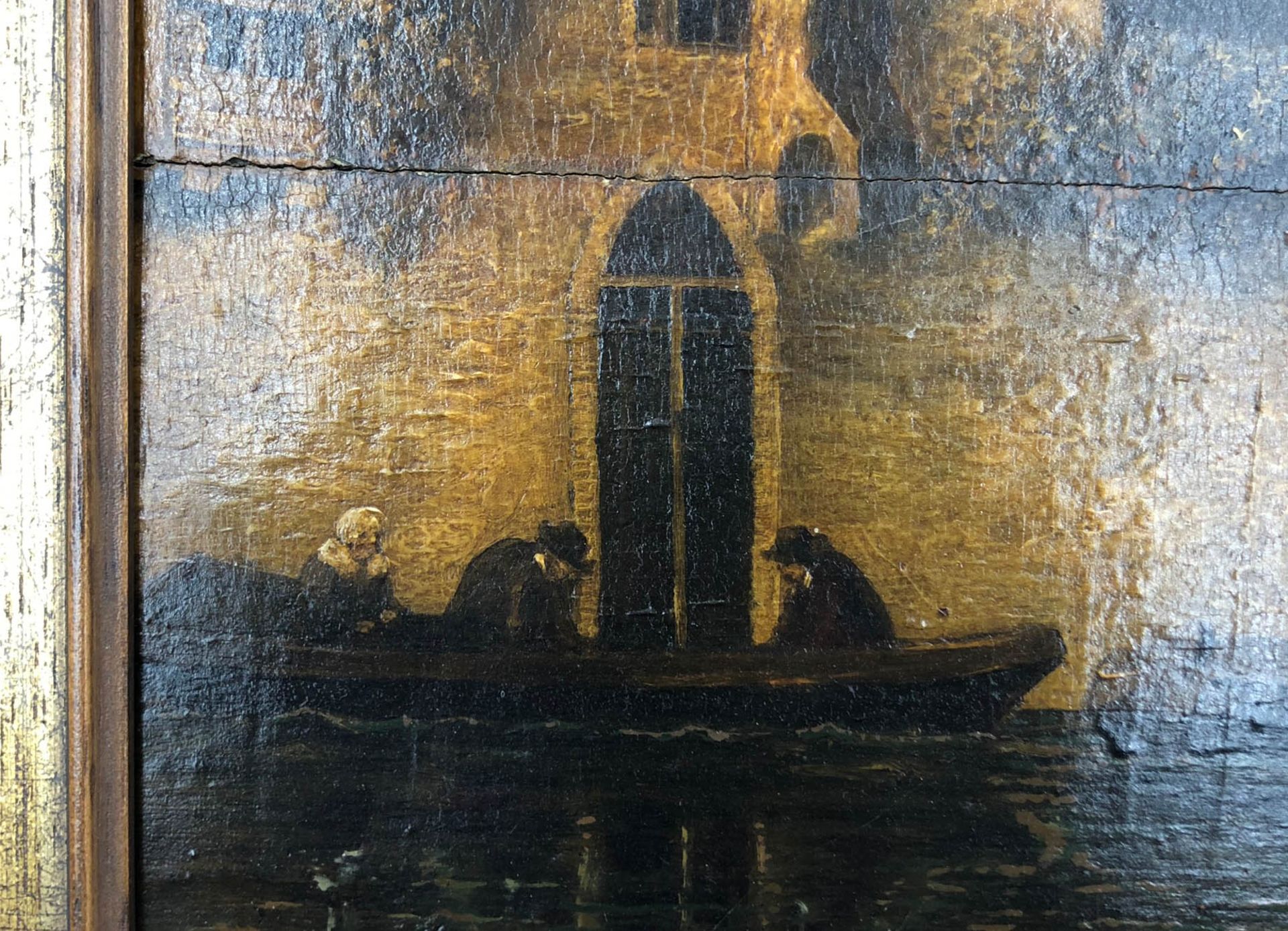 UNSIGNED (XVIII - XIX). Castle complex with boat.61cm x 38 cm. Painting. Oil on wood. No signature - Bild 6 aus 7