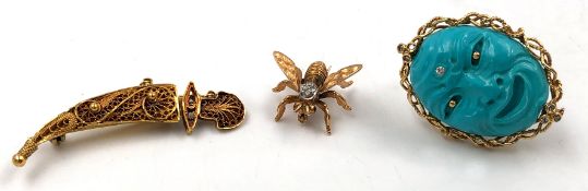 3 brooches. Also turquoise and diamond.Brooch with turquoise head with diamonds, 750 gold, 37 mm