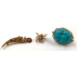 3 brooches. Also turquoise and diamond.Brooch with turquoise head with diamonds, 750 gold, 37 mm