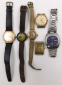 6 historical wristwatches.Oversized men's wristwatch. 14 carat gold case tested. Not working, second