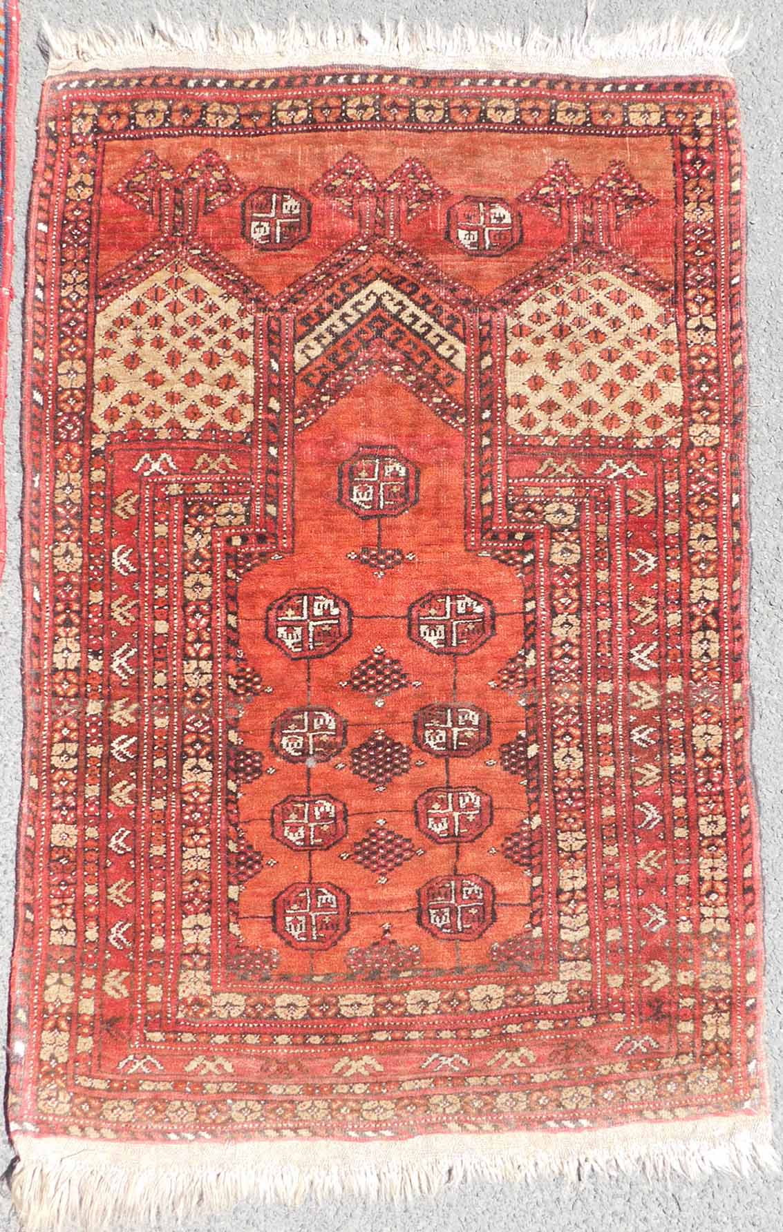 3 Oriental rugs. Handmade. Old / Antique.Lesghi 121 cm x 74 cm. About 70 years old.Ersari prayer rug - Image 3 of 5