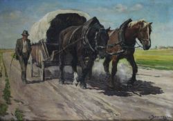 Istvan VON SOMOGYI (1897 - 1971). Horse-drawn cart.70 cm x 100 cm. Painting. Oil on canvas. Signed