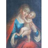 UNSIGNED (XVII - XVIII). Mary with Jesus.46 cm x 37 cm. Painting. Oil on canvas. Wax doubling. Italy