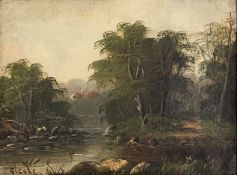 G. COLE (XIX). River bank..15.5 cm x 20.5 cm. Painting. Oil on canvas. Signed lower left.G. COLE (