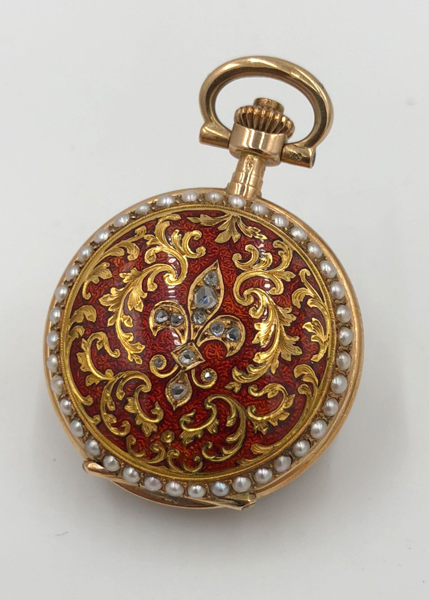 585 gold, three lid pocket watch. 11 diamonds, guilloche enamel, pearls.3 cm diameter without - Bild 3 aus 9