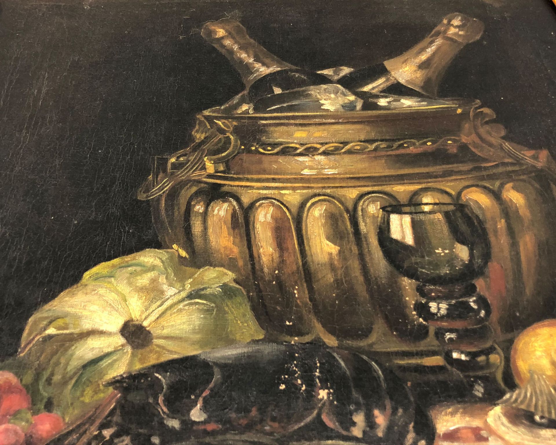 Edward BEYER (1820 - 1865). Sill life with sparkling wine, lobster, fish and fruit.75 cm x 55 cm. - Bild 7 aus 9