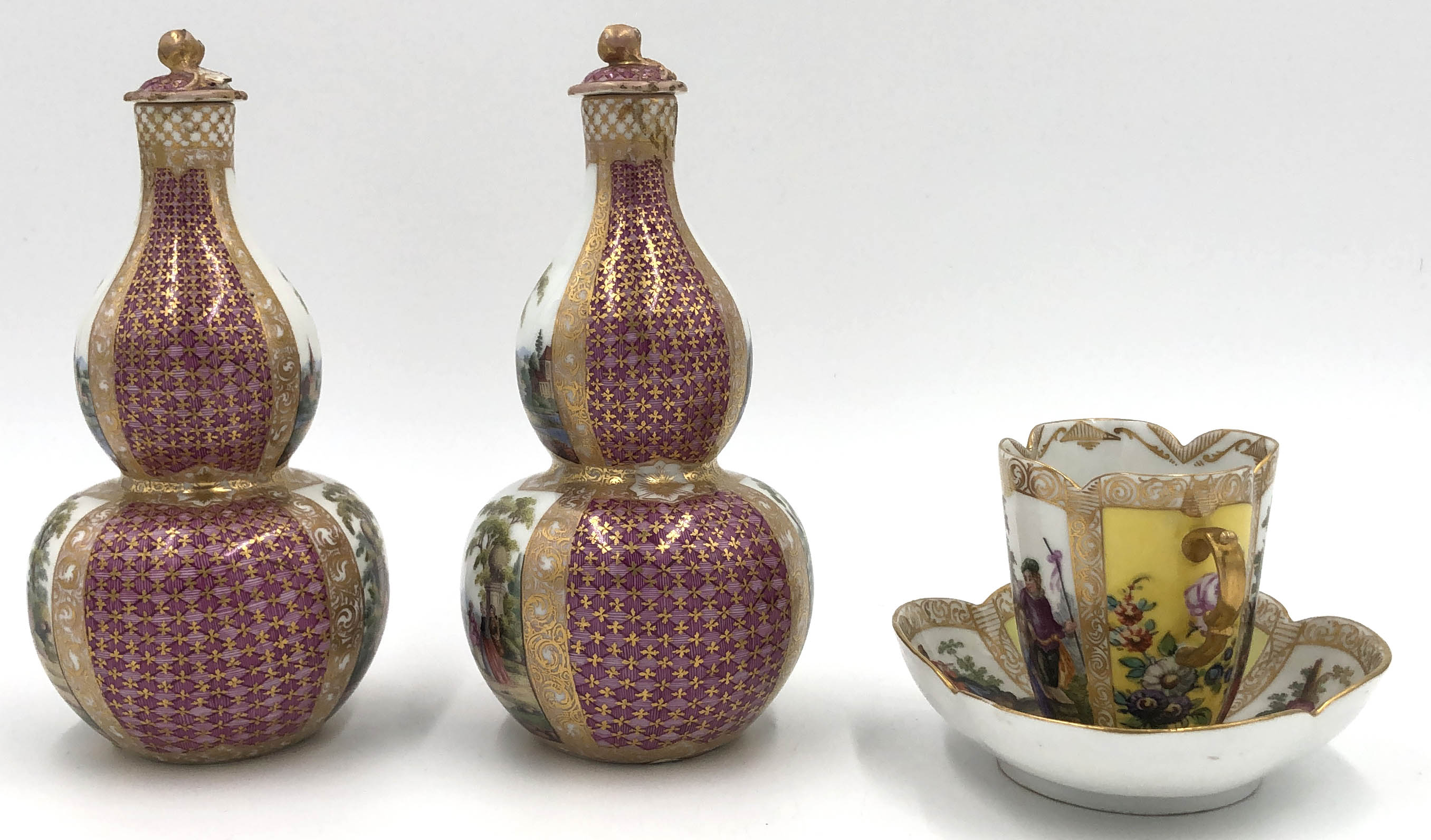 Porcelain. Probably early Meissen.2 double pumpkin bottles with stoppers, '' AR '' mark, and a cup - Image 6 of 13