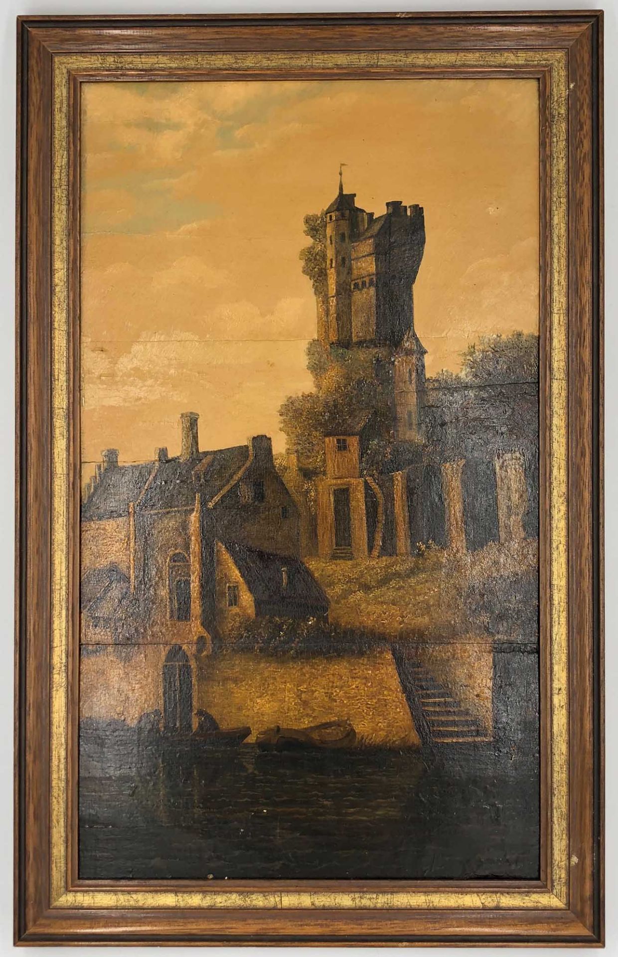 UNSIGNED (XVIII - XIX). Castle complex with boat.61cm x 38 cm. Painting. Oil on wood. No signature - Bild 2 aus 7