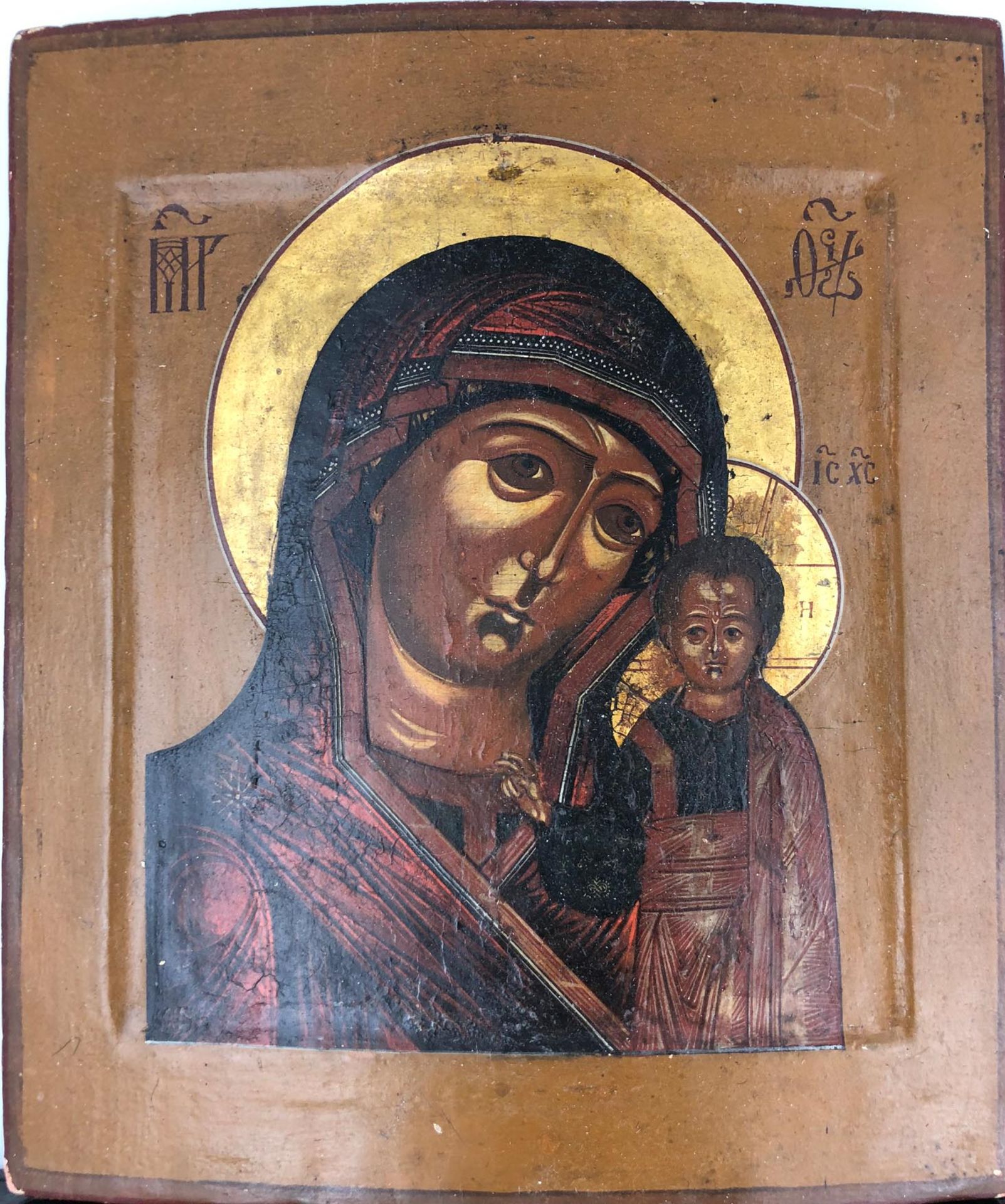 ICONS (XIX - XX). 4 icons probably Russia.2 x Christ, 1x Mary with Jesus, 1 x multi-saint icon. Up - Bild 4 aus 7