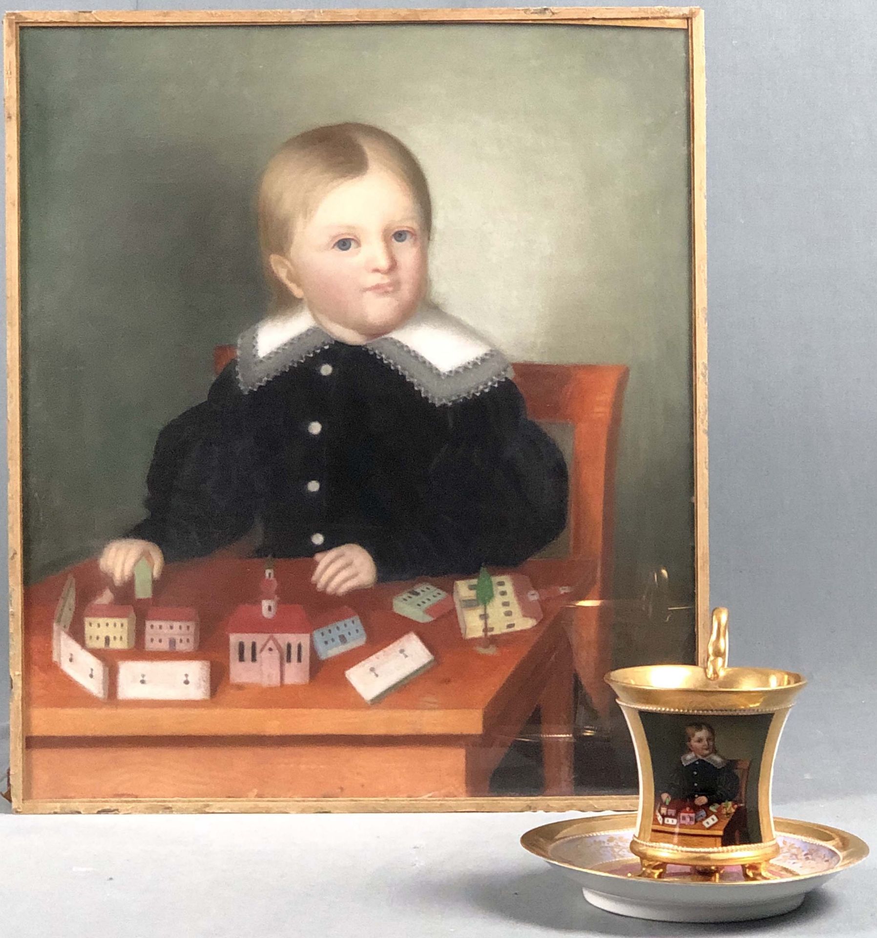 Portrait Tasse mit Untertasse Biedermeier KPM. Dazu originale Vorlage.Tasse 12 cm hoch. 42 cm x 35,5