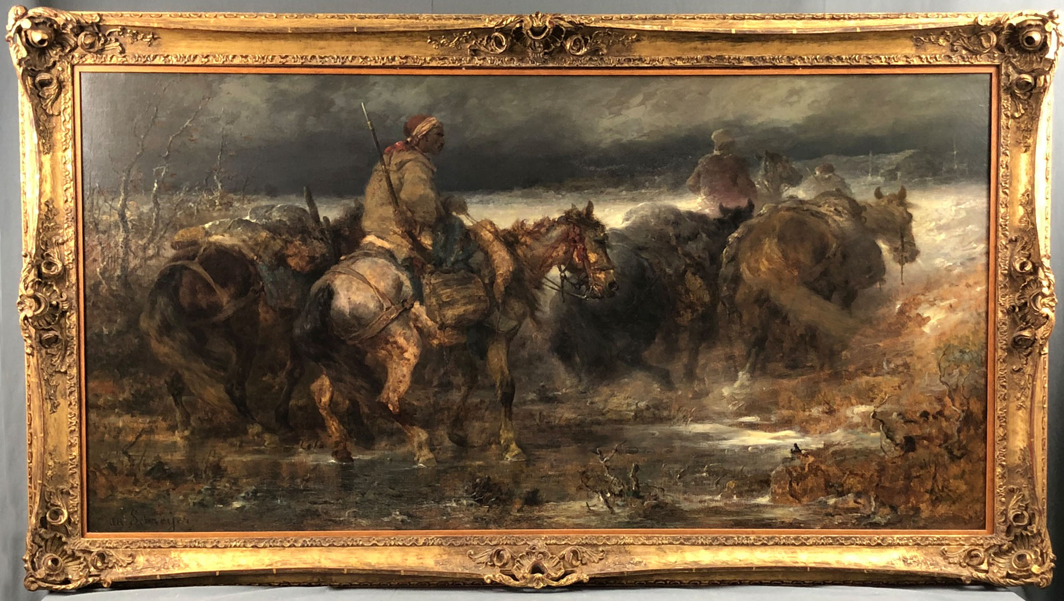 Christian Adolf SCHREYER (1828 - 1899). Arabische Reiter überqueren eine Furt.72,5 cm x 140 cm. - Image 7 of 12