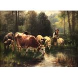 Friedrich Otto GEBLER (1838 - 1917). Hirte mit Vieh.An der Tränke. Waldweiher. 49,8 cm x 67,4 cm.