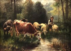 Friedrich Otto GEBLER (1838 - 1917). Hirte mit Vieh.An der Tränke. Waldweiher. 49,8 cm x 67,4 cm.