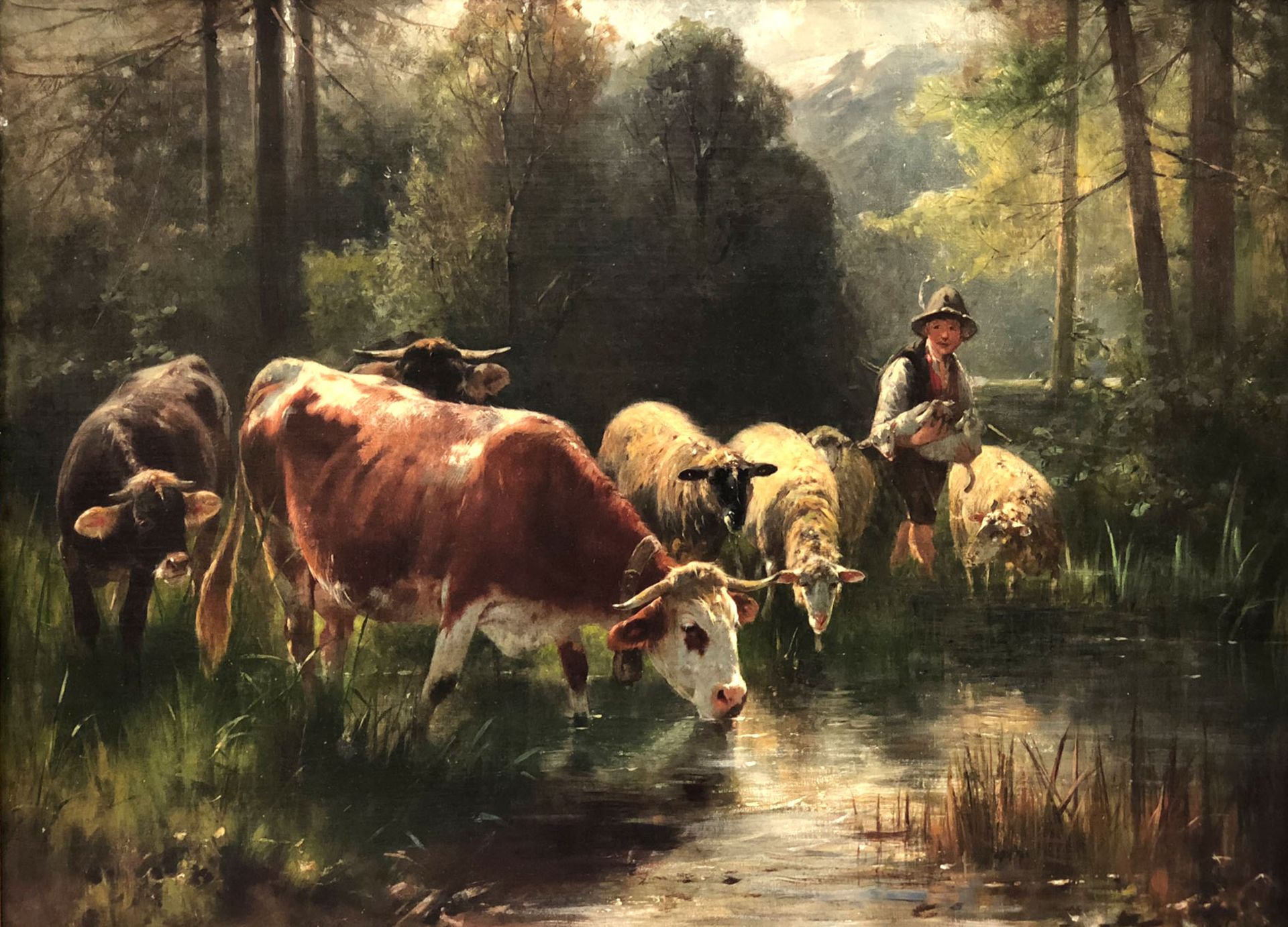 Friedrich Otto GEBLER (1838 - 1917). Hirte mit Vieh.An der Tränke. Waldweiher. 49,8 cm x 67,4 cm.