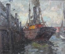 Leonhard SANDROCK (1867 - 1945). Fischkutter im Hafen.50 cm x 60 cm. Gemälde. Öl auf Platte. Links