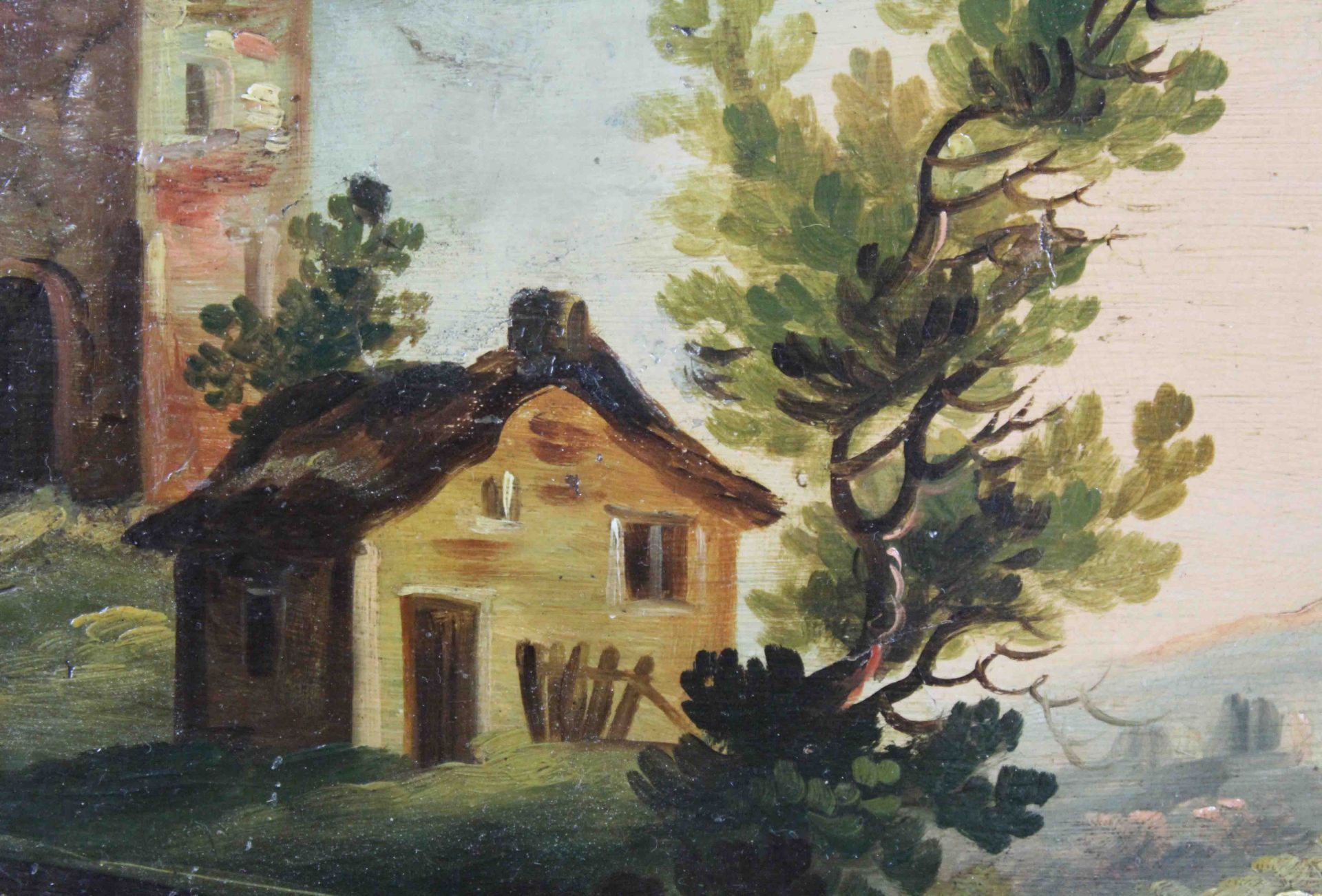 UNSIGNIERT (XVIII - XIX). Burgruine am Fluss. Berge. Passanten.26 cm x 32 cm. Gemälde. Öl auf - Image 6 of 8