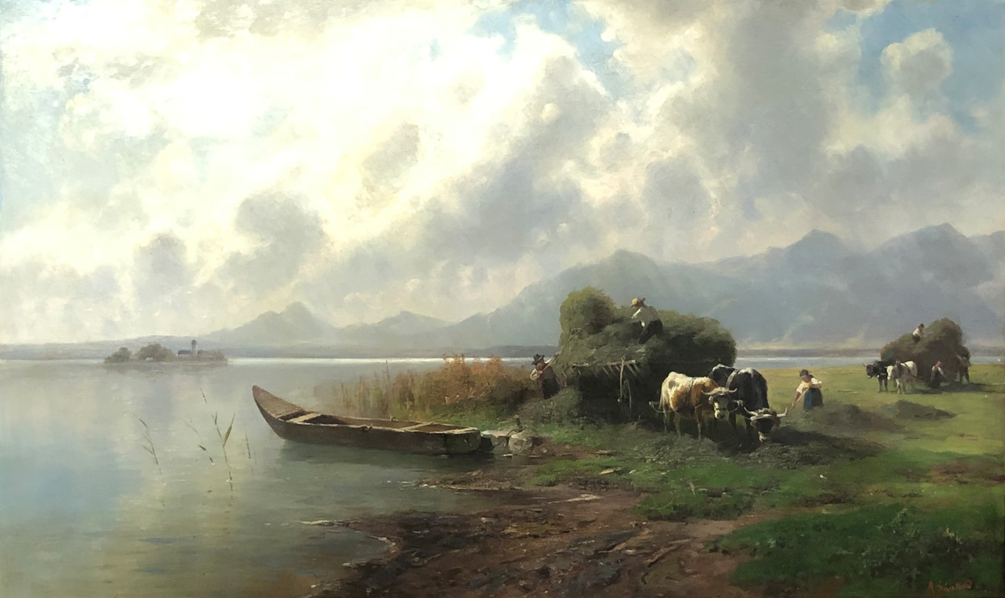 Robert August Rudolf SCHIETZOLD (1842 - 1908). Heuernte am Chiemseemit Blick auf die Fraueninsel. 71