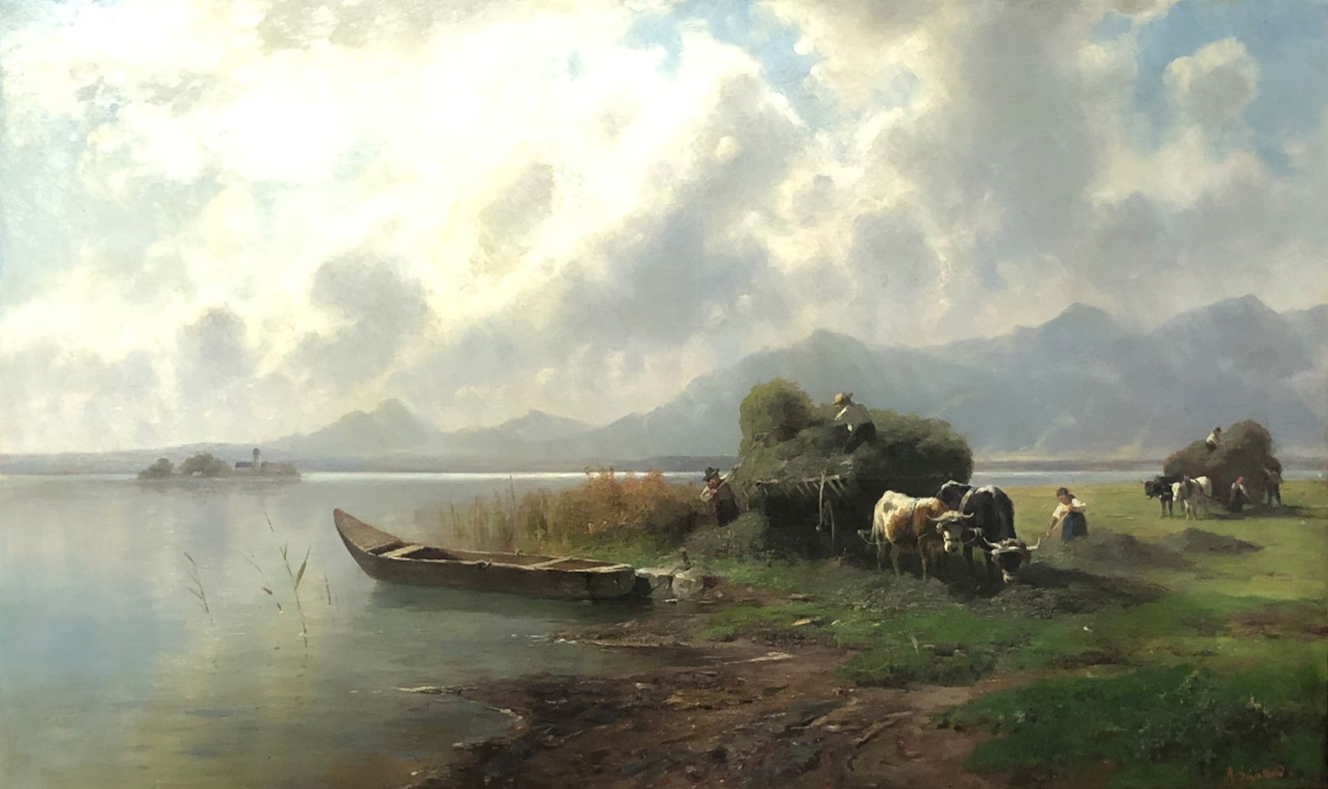 Robert August Rudolf SCHIETZOLD (1842 - 1908). Heuernte am Chiemseemit Blick auf die Fraueninsel. 71