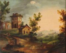 UNSIGNIERT (XVIII - XIX). Burgruine am Fluss. Berge. Passanten.26 cm x 32 cm. Gemälde. Öl auf