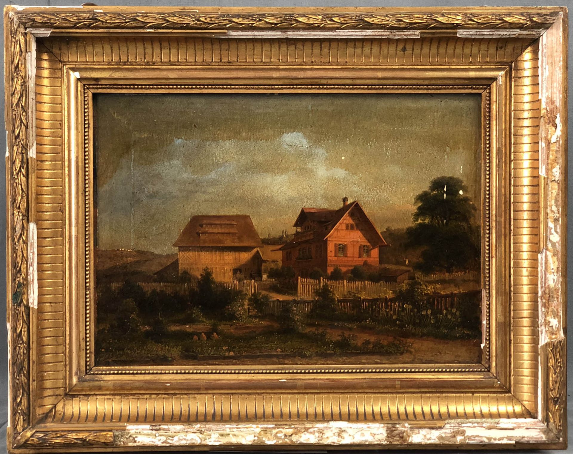 Hermann HERDTLE (1819 - 1889). Bauernhäuser.21,5 cm x 30 cm. Gemälde. Öl auf Leinwand. Links unten - Bild 2 aus 9