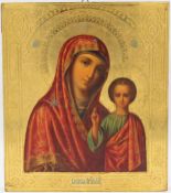 Ikone Russland. Maria mit Jesus. Wohl um 1900.35,5 cm x 30,5 cm. Gemälde.Icon Russia. Mary with