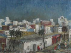 UNDEUTLICH SIGNIERT (XX). Orientalist. Nordafrikanische Stadt (19)56.60 cm x 80 cm. Gemälde. Öl