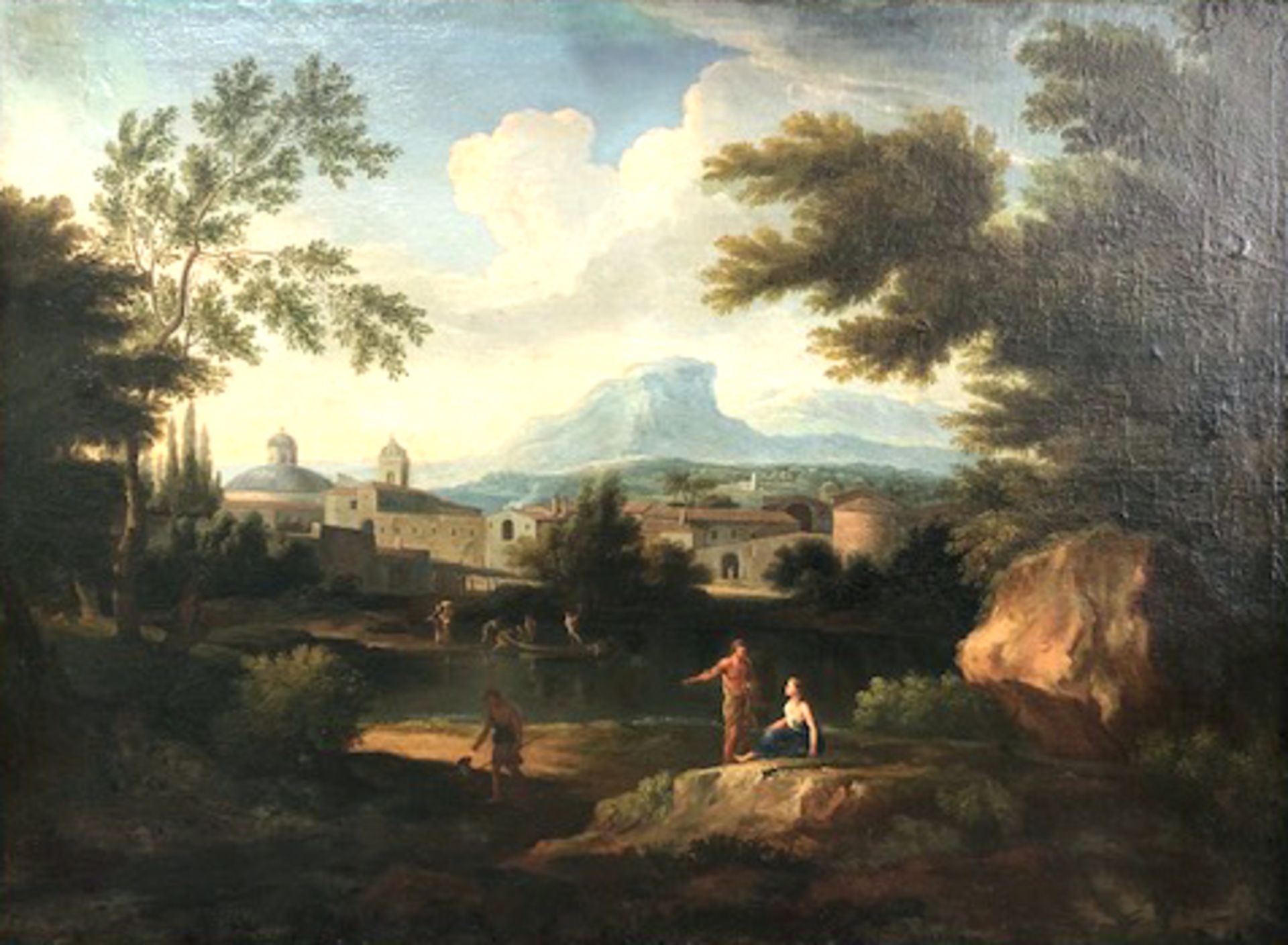 Nicolas POUSSIN (1594-1665) zugeschrieben. Arkadische Landschaft mit Passanten.99 cm x 133 cm.