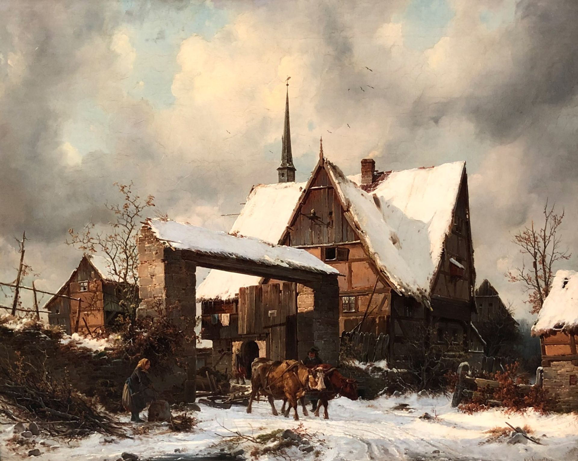 Carl Julius LEYPOLD (1806 - 1874). Bauerngehöft im Winter.44 cm x 55 cm. Gemälde. Öl auf Leinwand.