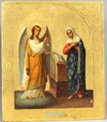 Ikone Russland. Der Engel verkündet Maria die Jungfräuliche Empfängnis.35,5 cm x 30,5 cm. Gemälde.