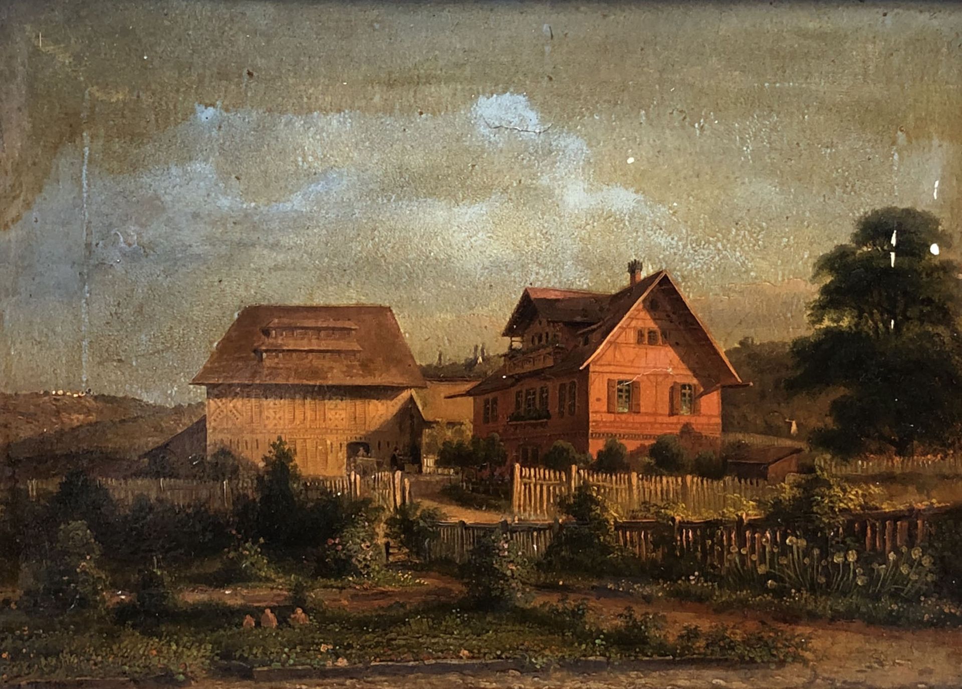 Hermann HERDTLE (1819 - 1889). Bauernhäuser.21,5 cm x 30 cm. Gemälde. Öl auf Leinwand. Links unten