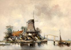 UNDEUTLICH SIGNIERT (XX). Zugbrücke, Plattbodenschiff, Windmühle.70,5 cm x 100 cm. Gemälde. Öl auf