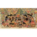 Malerei. Wohl Indonesien / Bali. Tempelbild. Geschöpftes Papier.45 cm x 78 cm.Painting. Probably