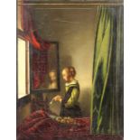 Nach Jan VERMEER VAN DELFT. "Brieflesendes Mädchen am offenen Fenster".83 cm x 64,5 cm. Gemälde.