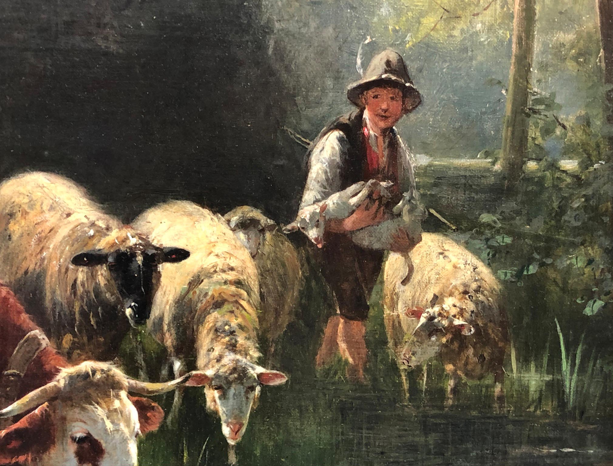 Friedrich Otto GEBLER (1838 - 1917). Hirte mit Vieh.An der Tränke. Waldweiher. 49,8 cm x 67,4 cm. - Image 3 of 9