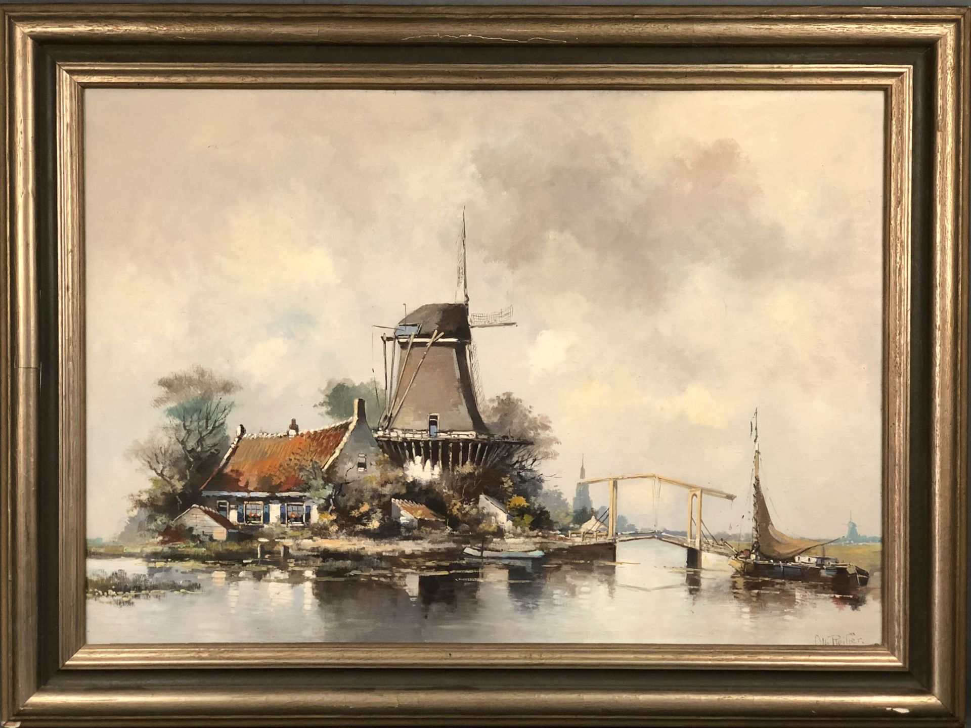 UNDEUTLICH SIGNIERT (XX). Zugbrücke, Plattbodenschiff, Windmühle.70,5 cm x 100 cm. Gemälde. Öl auf - Bild 6 aus 6