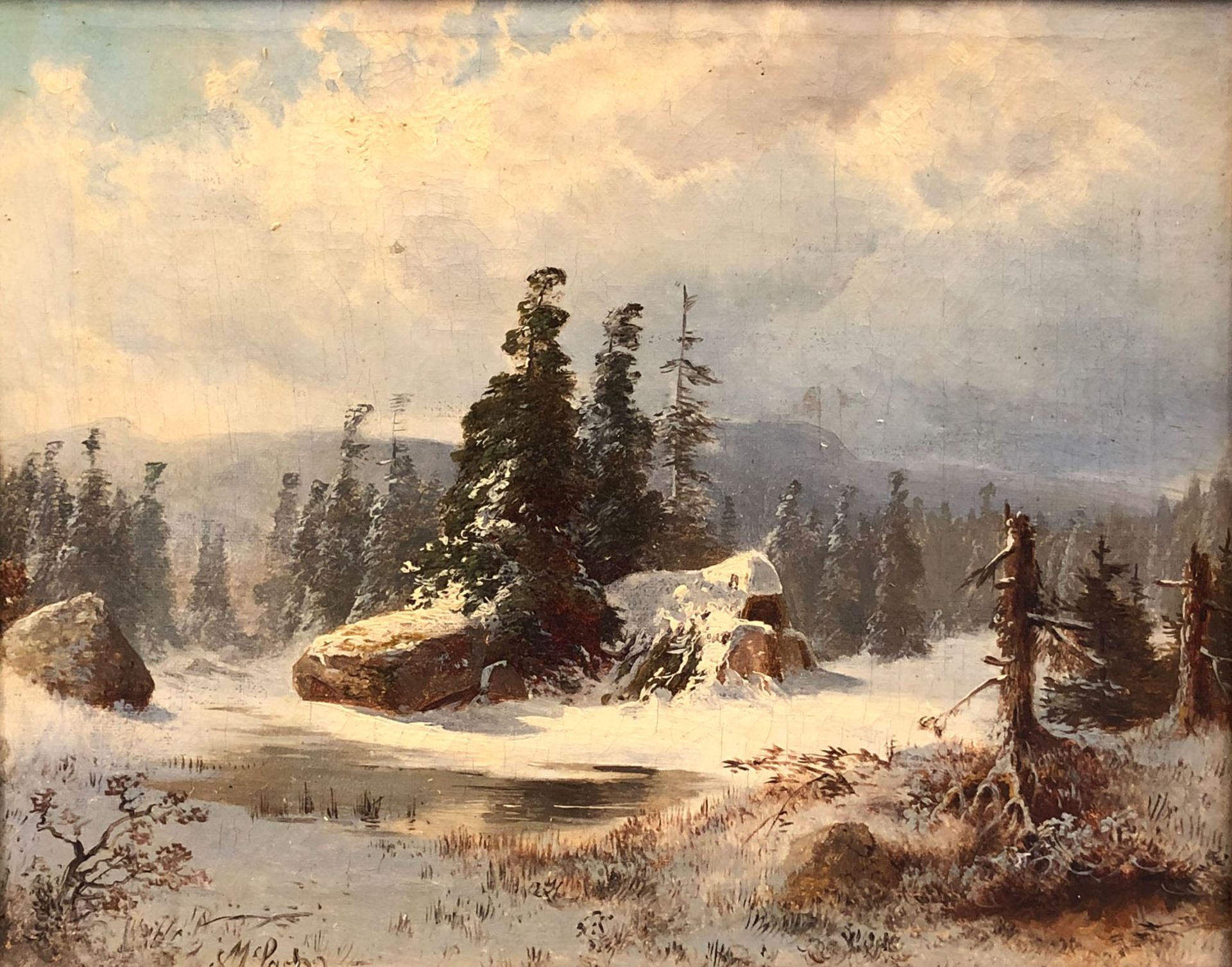 Michael SACHS (1836 - 1893). Hünengrab im Schnee.28,5 cm x 34,5 cm. Gemälde. Öl auf Leinwand.