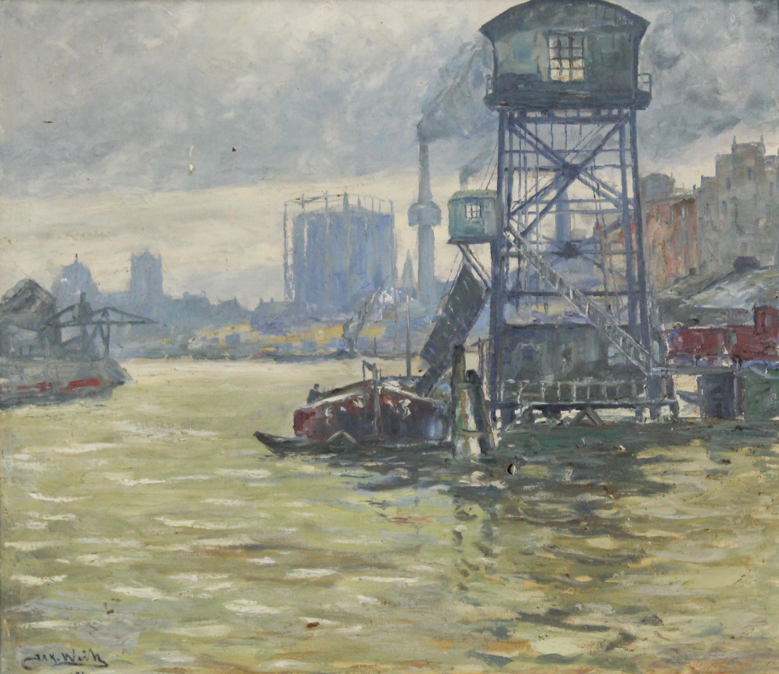 Jakob WEITZ (1888 - 1971). Industriehafen am Niederrhein, 1926.70 cm x 82 cm. Gemälde. Öl auf