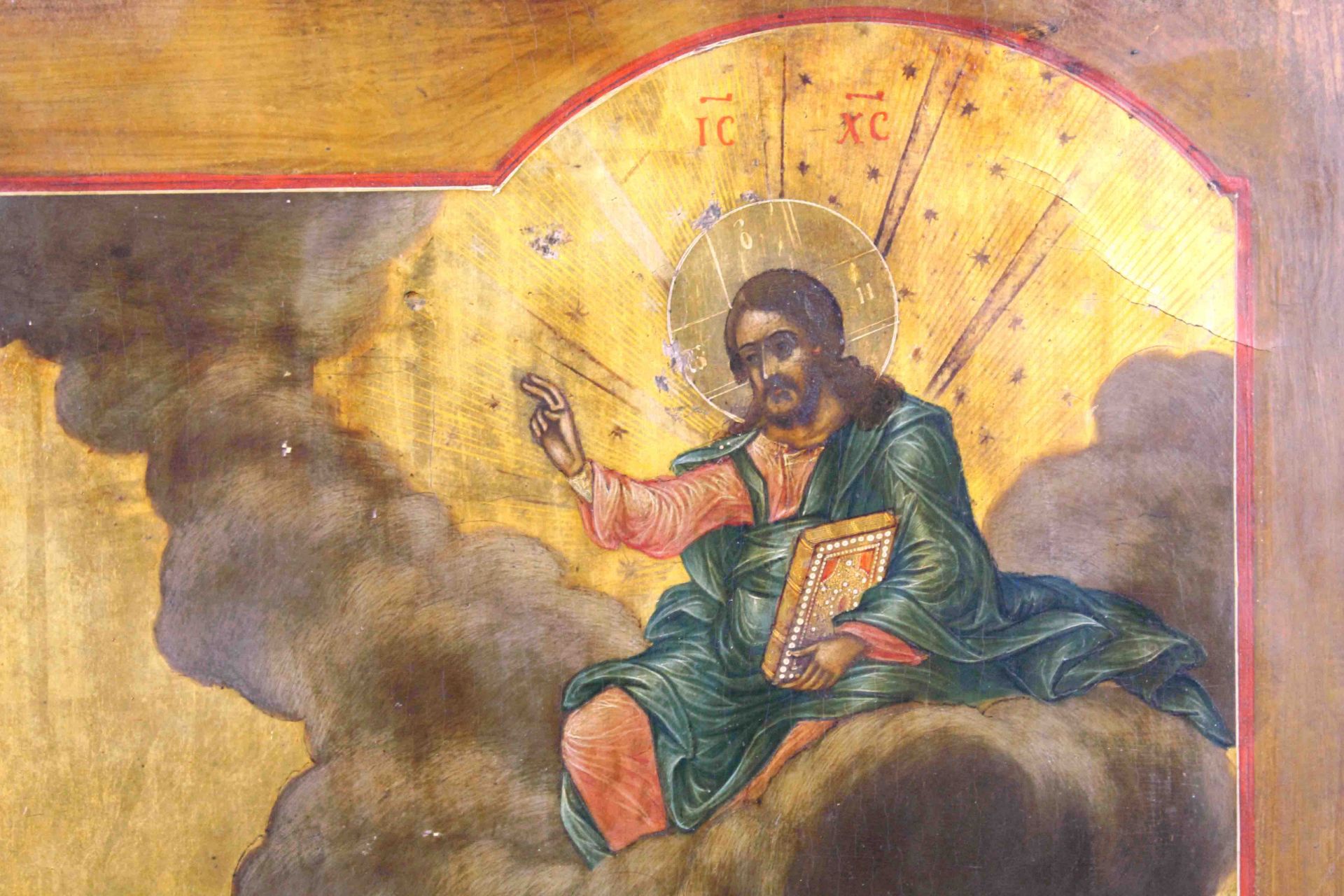 Ikone Russland. Evangelist.53 cm x 43,5 cm. Gemälde. Im Hintergrund ein Kloster. Wohl um 1850.Icon - Bild 4 aus 10