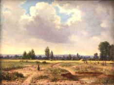 Georg WITTEMANN (1811 - 1889). Heuernte am Stadtrand.18,5 cm x 23 cm. Gemälde. Öl auf Holz. Unten