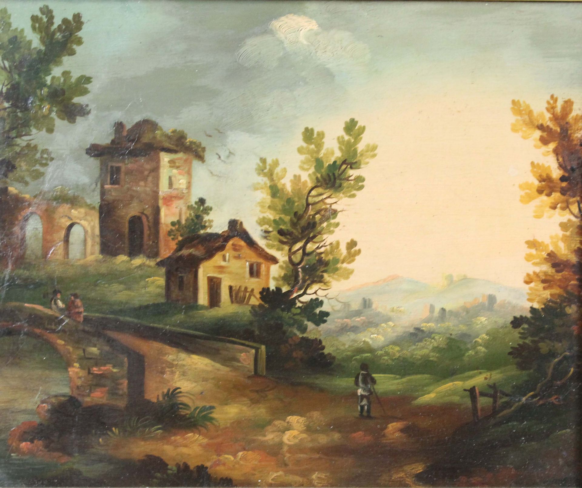 UNSIGNIERT (XVIII - XIX). Burgruine am Fluss. Berge. Passanten.26 cm x 32 cm. Gemälde. Öl auf - Bild 3 aus 8