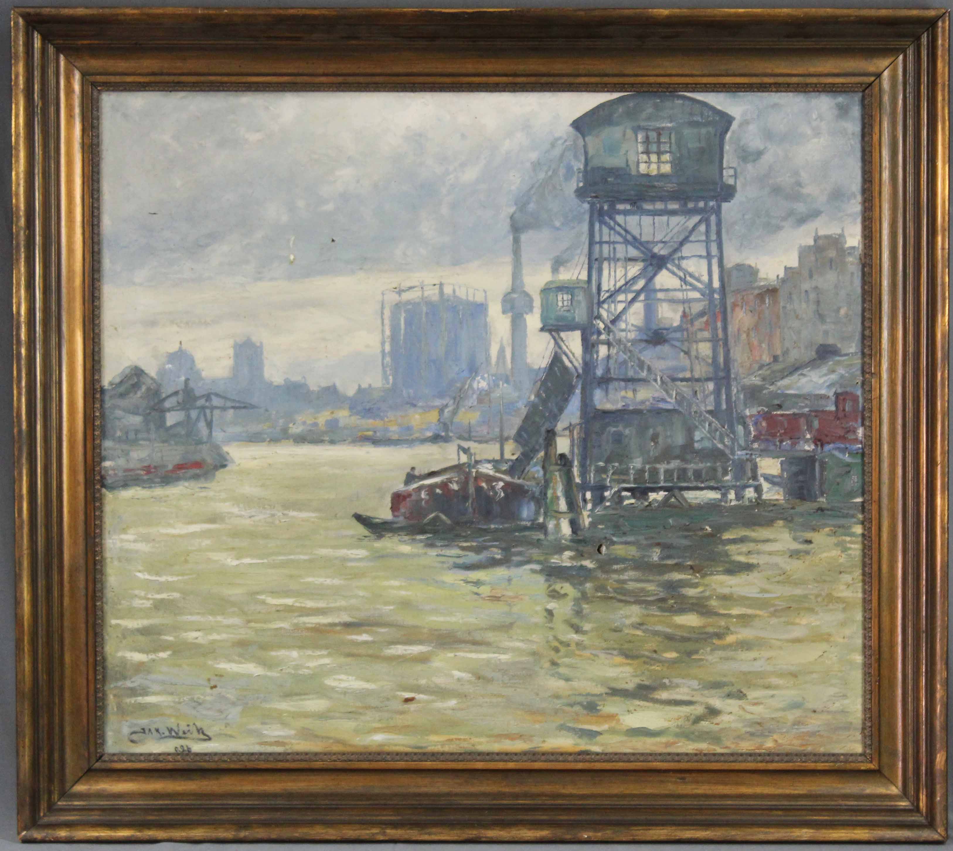 Jakob WEITZ (1888 - 1971). Industriehafen am Niederrhein, 1926.70 cm x 82 cm. Gemälde. Öl auf - Image 8 of 8