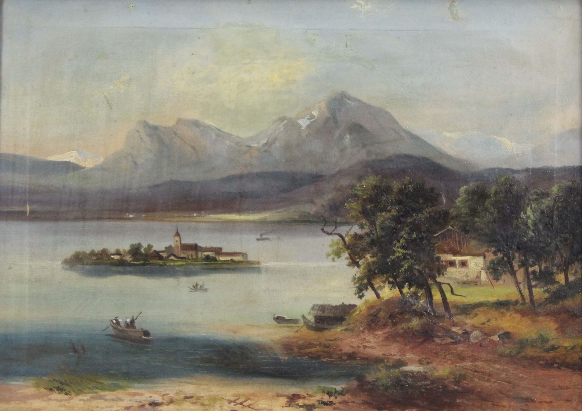 Monogrammist (XIX). ''Chimsee''. Chiemsee.51 cm x 70 cm. Gemälde, Öl auf Leinwand. Links unten