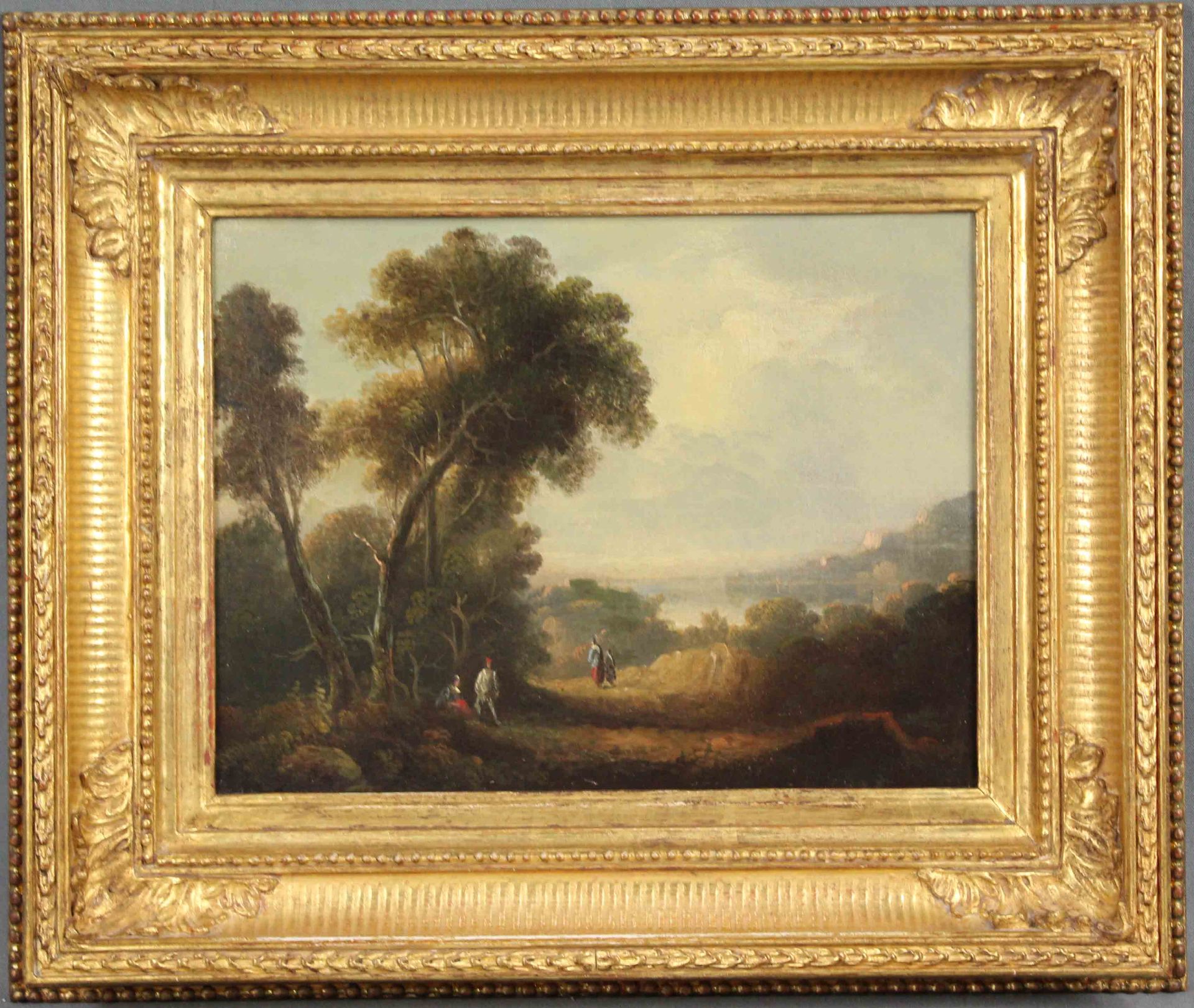 UNSIGNIERT (XVIII). Landschaft mit Bergen, See und Passanten.23 cm x 30,5 cm. Gemälde. Öl auf - Image 2 of 8