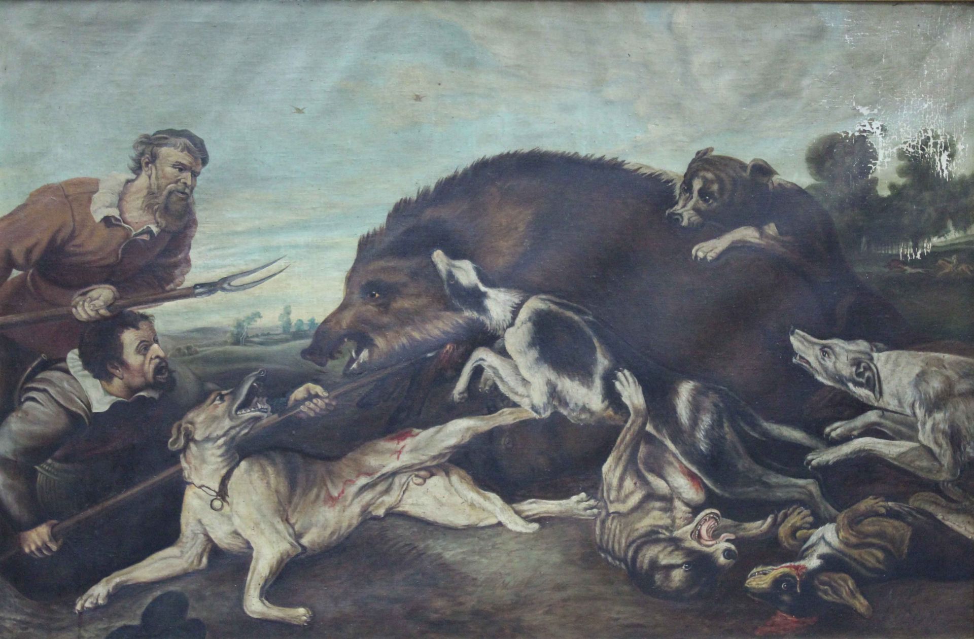 Nach Frans SNYDERS (1579 - 1657). Eber Jagd.106 cm x 161 cm. Gemälde. Öl auf Leinwand. Rechts