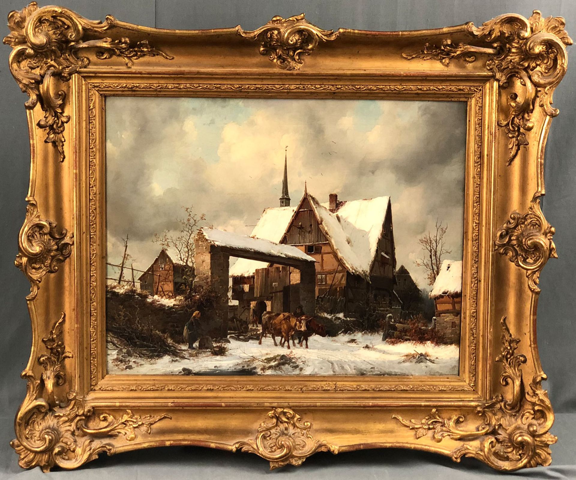 Carl Julius LEYPOLD (1806 - 1874). Bauerngehöft im Winter.44 cm x 55 cm. Gemälde. Öl auf Leinwand. - Bild 8 aus 8