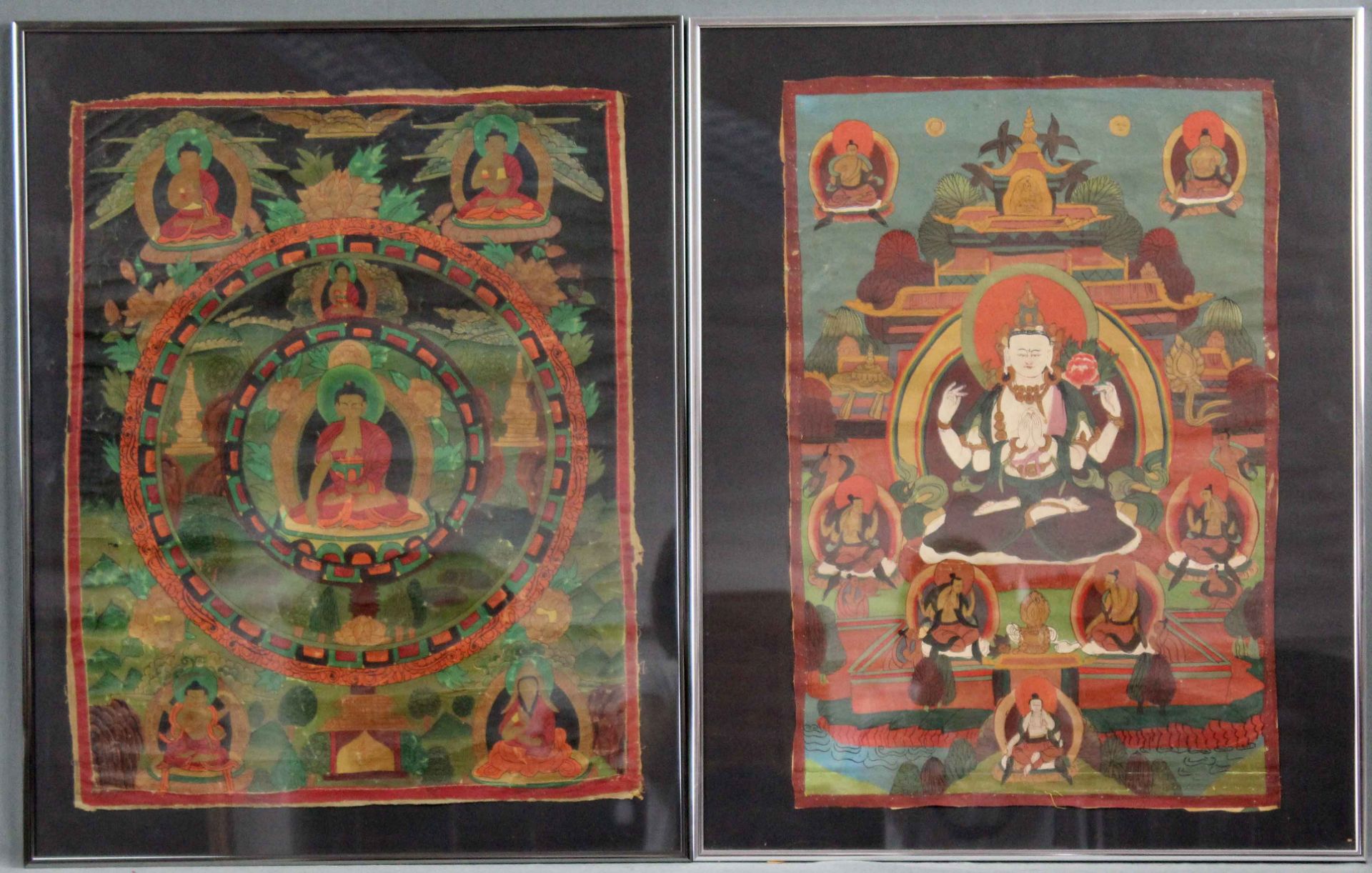 Zwei Thangka ''Weisse Tara auf Lotusblume'' und ''Grüne Tara''61 cm x 49 cm und 61 cm x 42 cm.